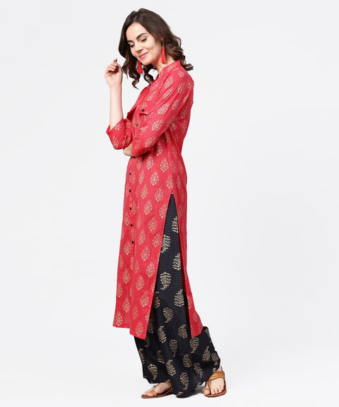 Pink printed 3/4th sleeve cotton kurta with black printed pallazo