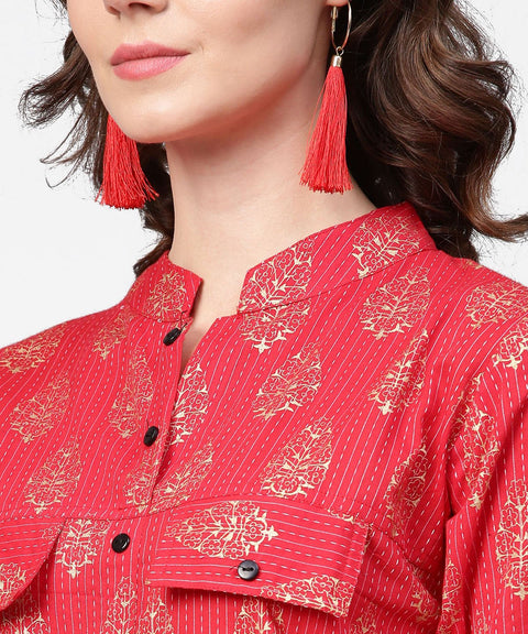 Pink printed 3/4th sleeve cotton kurta with black printed pallazo