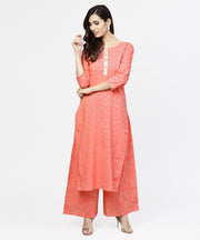 Peach printed 3/4th sleeve cotton kurta with flared ankle length pallazo