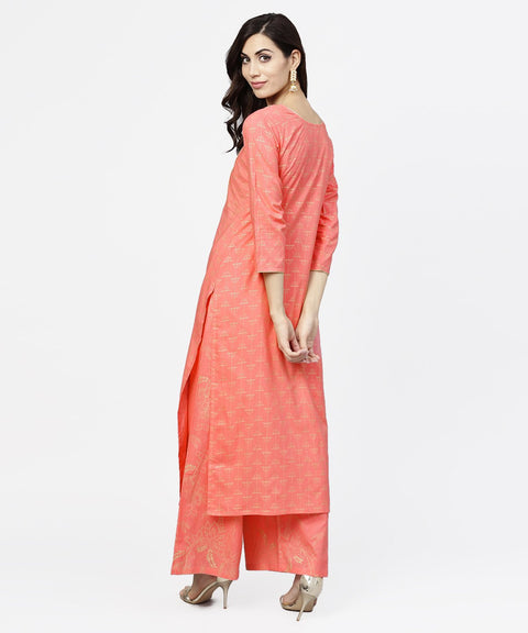 Peach printed 3/4th sleeve cotton kurta with flared ankle length pallazo