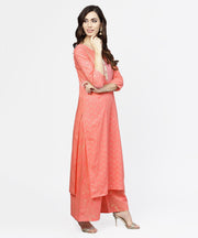Peach printed 3/4th sleeve cotton kurta with flared ankle length pallazo