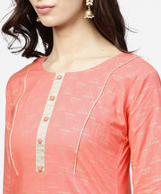 Peach printed 3/4th sleeve cotton kurta with flared ankle length pallazo