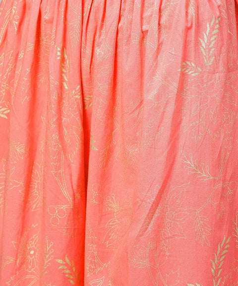 Peach printed 3/4th sleeve cotton kurta with flared ankle length pallazo