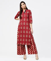 Red butta printed 3/4th sleeve kurta with printed pallazo