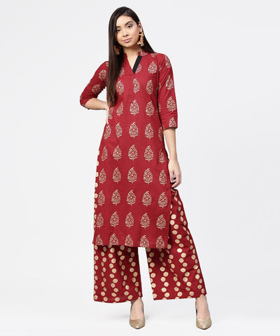 Red butta printed 3/4th sleeve kurta with printed pallazo