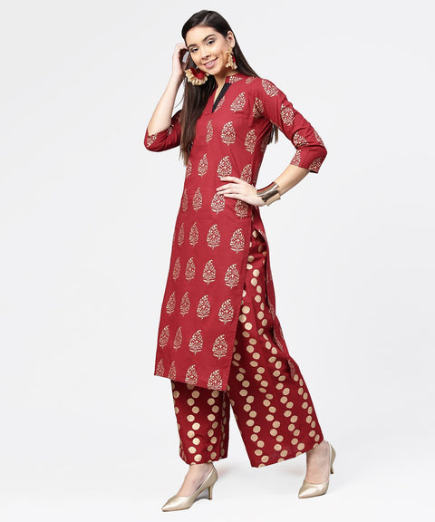 Red butta printed 3/4th sleeve kurta with printed pallazo