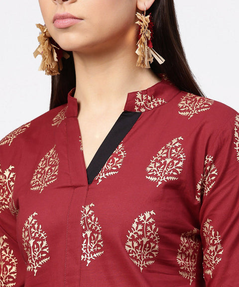 Red butta printed 3/4th sleeve kurta with printed pallazo