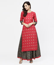 Pink printed 3/4th sleeve cotton kurta with black printed skirt