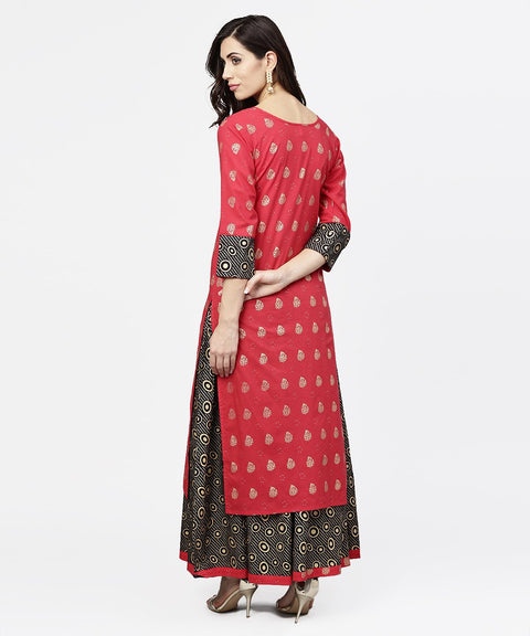 Pink printed 3/4th sleeve cotton kurta with black printed skirt