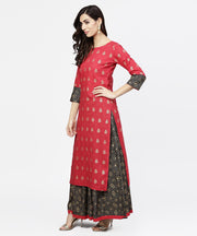 Pink printed 3/4th sleeve cotton kurta with black printed skirt