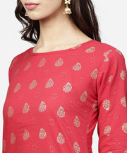 Pink printed 3/4th sleeve cotton kurta with black printed skirt