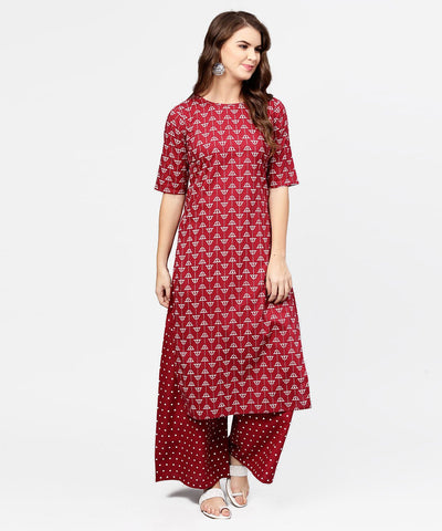 Red printed half sleeve cotton kurta with printed ankle length pallazo