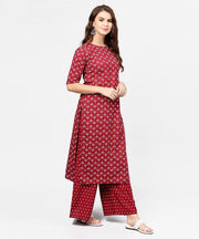 Red printed half sleeve cotton kurta with printed ankle length pallazo