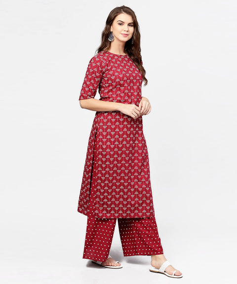 Red printed half sleeve cotton kurta with printed ankle length pallazo