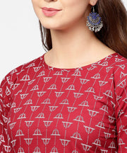 Red printed half sleeve cotton kurta with printed ankle length pallazo