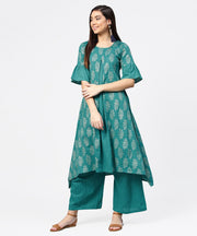 Blue printed half sleeve cotton kurta with straight ankle length pallazo