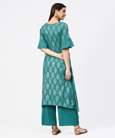 Blue printed half sleeve cotton kurta with straight ankle length pallazo