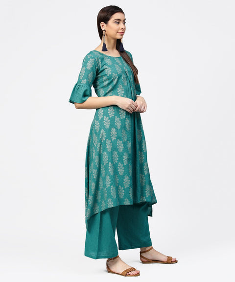 Blue printed half sleeve cotton kurta with straight ankle length pallazo