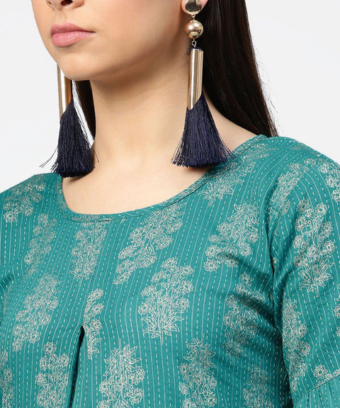 Blue printed half sleeve cotton kurta with straight ankle length pallazo