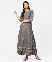 Grey printed half sleeve cotton ankle length kurta with flared ankle length skirt