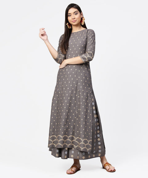 Grey printed half sleeve cotton ankle length kurta with flared ankle length skirt
