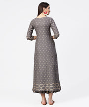 Grey printed half sleeve cotton ankle length kurta with flared ankle length skirt