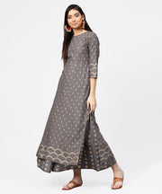 Grey printed half sleeve cotton ankle length kurta with flared ankle length skirt