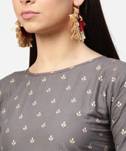 Grey printed half sleeve cotton ankle length kurta with flared ankle length skirt