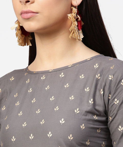 Grey printed half sleeve cotton ankle length kurta with flared ankle length skirt