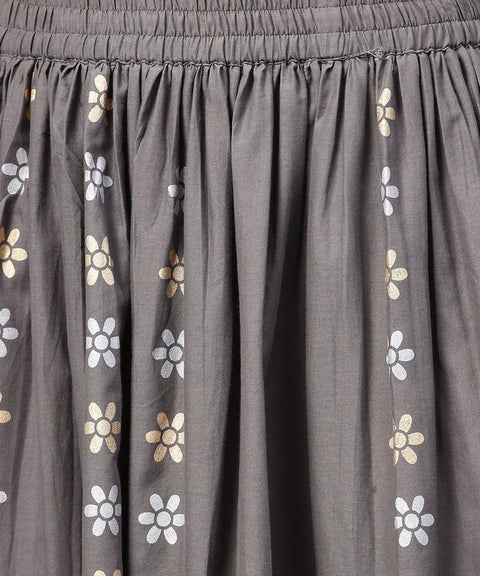 Grey printed half sleeve cotton ankle length kurta with flared ankle length skirt