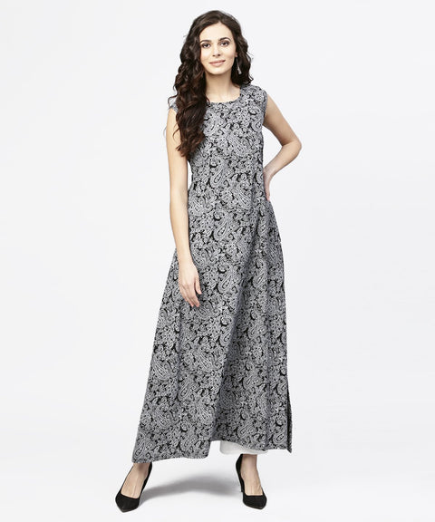Blue printed sleeveless cotton a-line floor length kurta