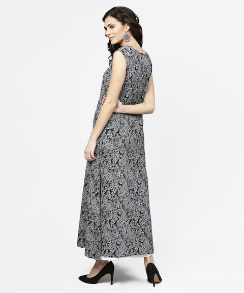 Blue printed sleeveless cotton a-line floor length kurta