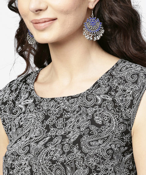 Blue printed sleeveless cotton a-line floor length kurta