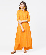 Yellow 3/4th sleeve printed straight kurta with flared ankle length pallazo