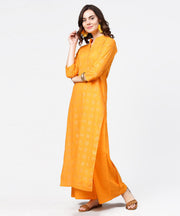Yellow 3/4th sleeve printed straight kurta with flared ankle length pallazo