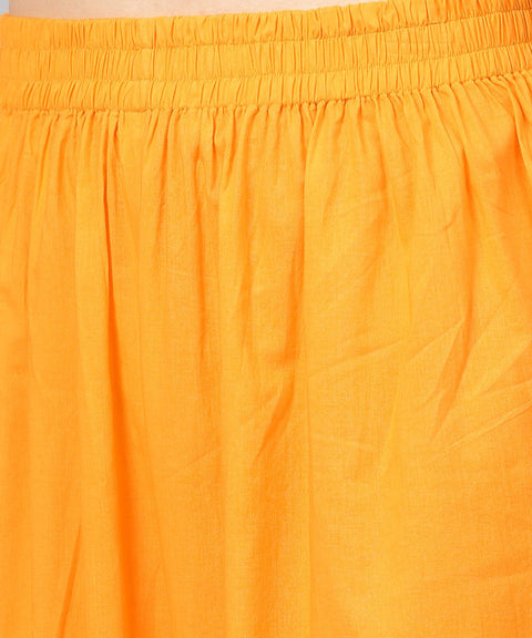 Yellow 3/4th sleeve printed straight kurta with flared ankle length pallazo