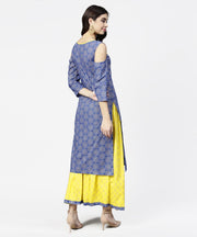 Blue printed 3/4th cold shoulder sleeve kurta with yellow flared skirt