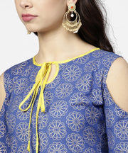 Blue printed 3/4th cold shoulder sleeve kurta with yellow flared skirt