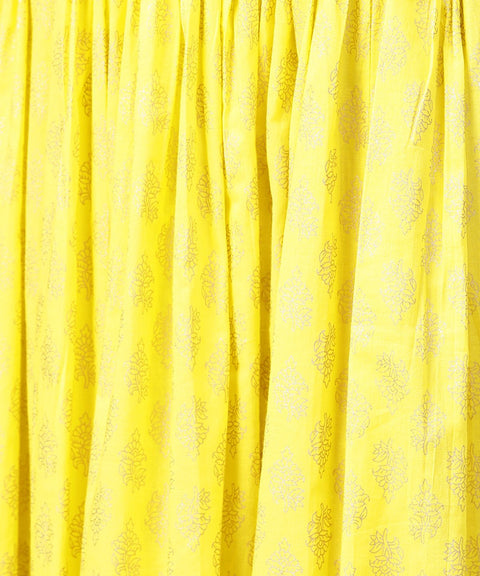 Blue printed 3/4th cold shoulder sleeve kurta with yellow flared skirt