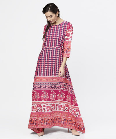 Red printed 3/4th sleeve cotton floor length kurta
