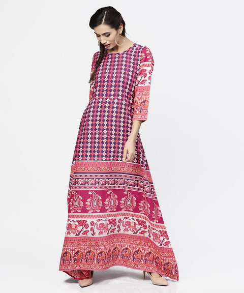 Red printed 3/4th sleeve cotton floor length kurta