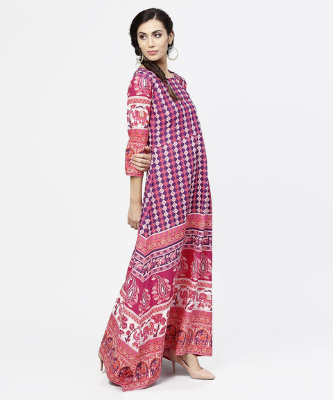 Red printed 3/4th sleeve cotton floor length kurta