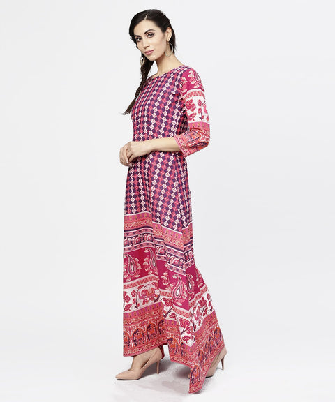 Red printed 3/4th sleeve cotton floor length kurta