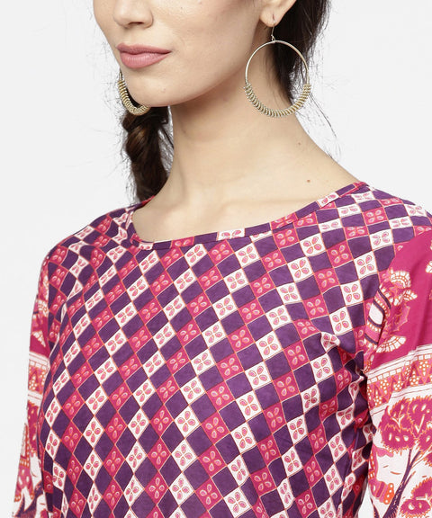 Red printed 3/4th sleeve cotton floor length kurta