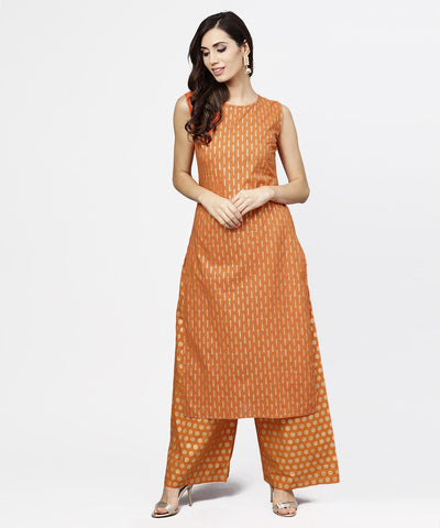 Red printed sleeveless cotton kurta with ankle length pallazo