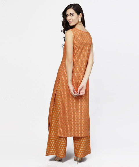 Red printed sleeveless cotton kurta with ankle length pallazo