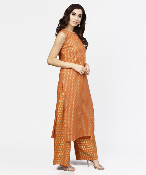 Red printed sleeveless cotton kurta with ankle length pallazo