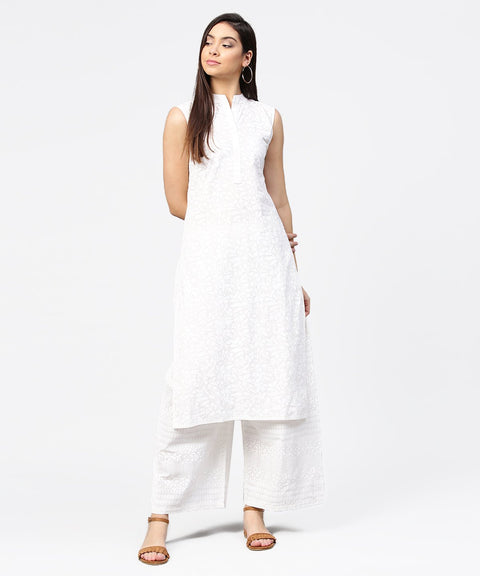 Off white printed sleeveless cotton kurta with ankle length pallazo