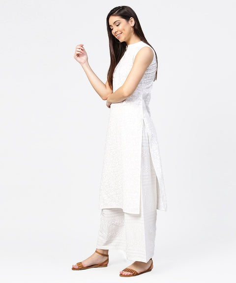 Off white printed sleeveless cotton kurta with ankle length pallazo