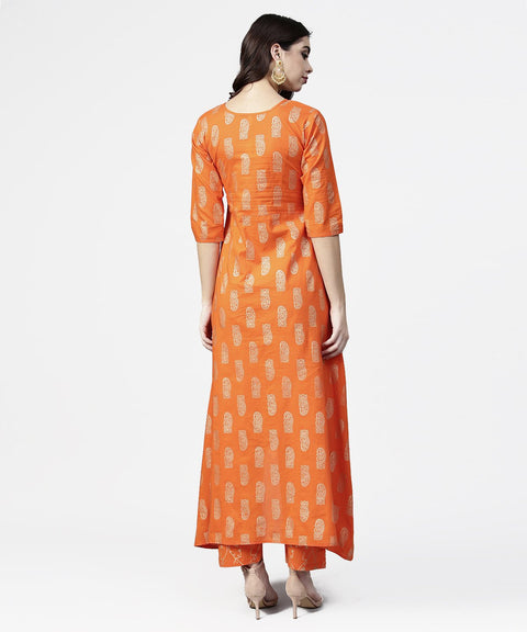Orange printed 3/4th sleeve assymetric kurta with ankle length pant